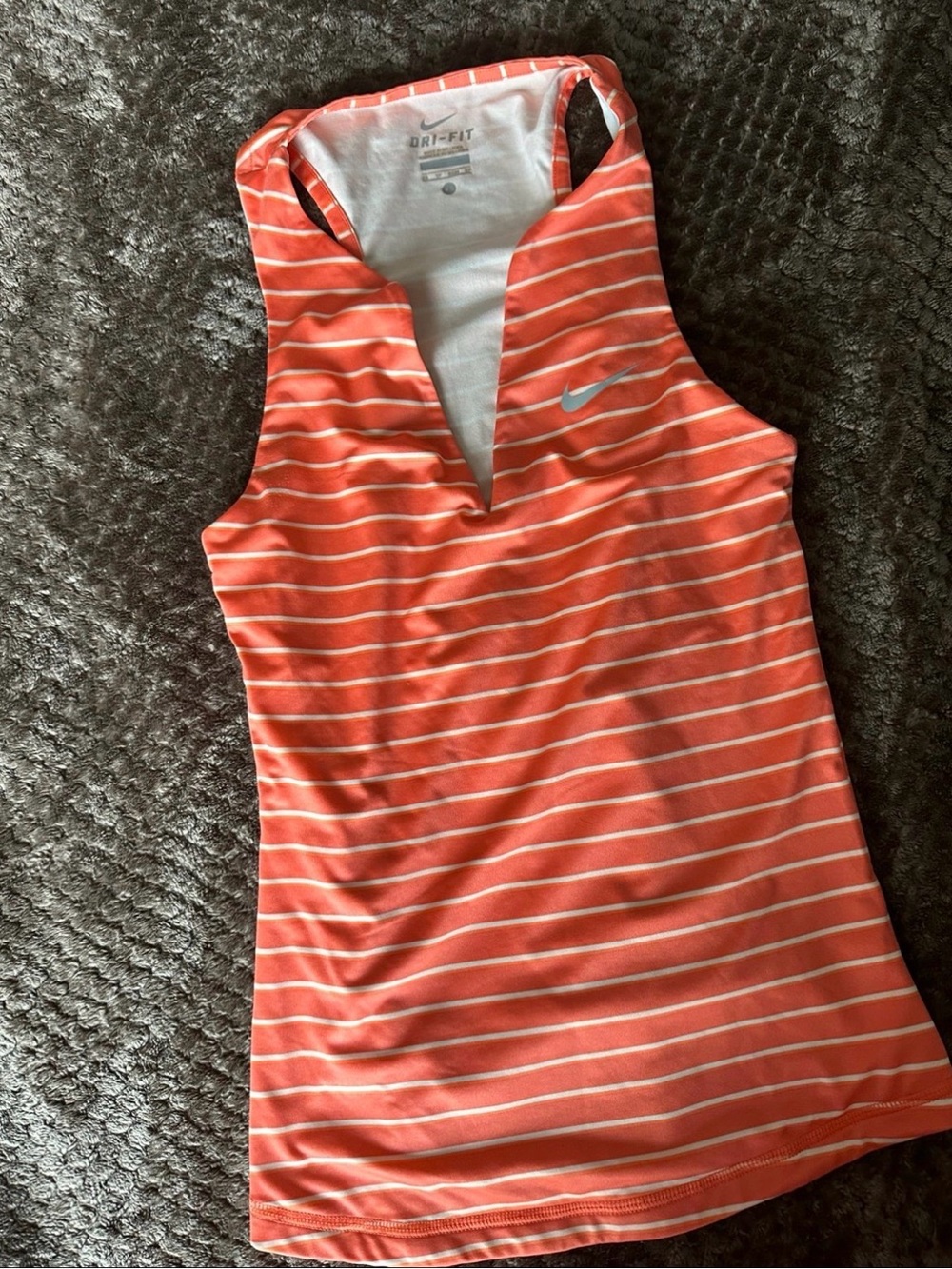 Nike Coral and White Striped Dri-FIT V-Notch Tank Top
